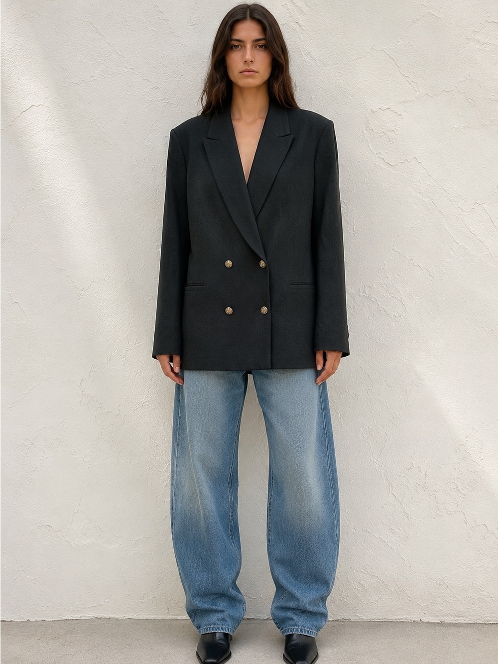 Black Old Money Preppy Gold Button Oversized Blazer Double Breasted Longline